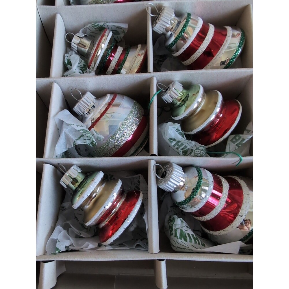 Shiny Brite Glitter/Mica Stripe Christmas Ornaments Bell Ball UFO Atomic Set 12 - Picture 5 of 7